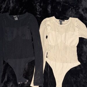 Forever 21 Black & Cream Long Sleeve Crochet Bodysuits